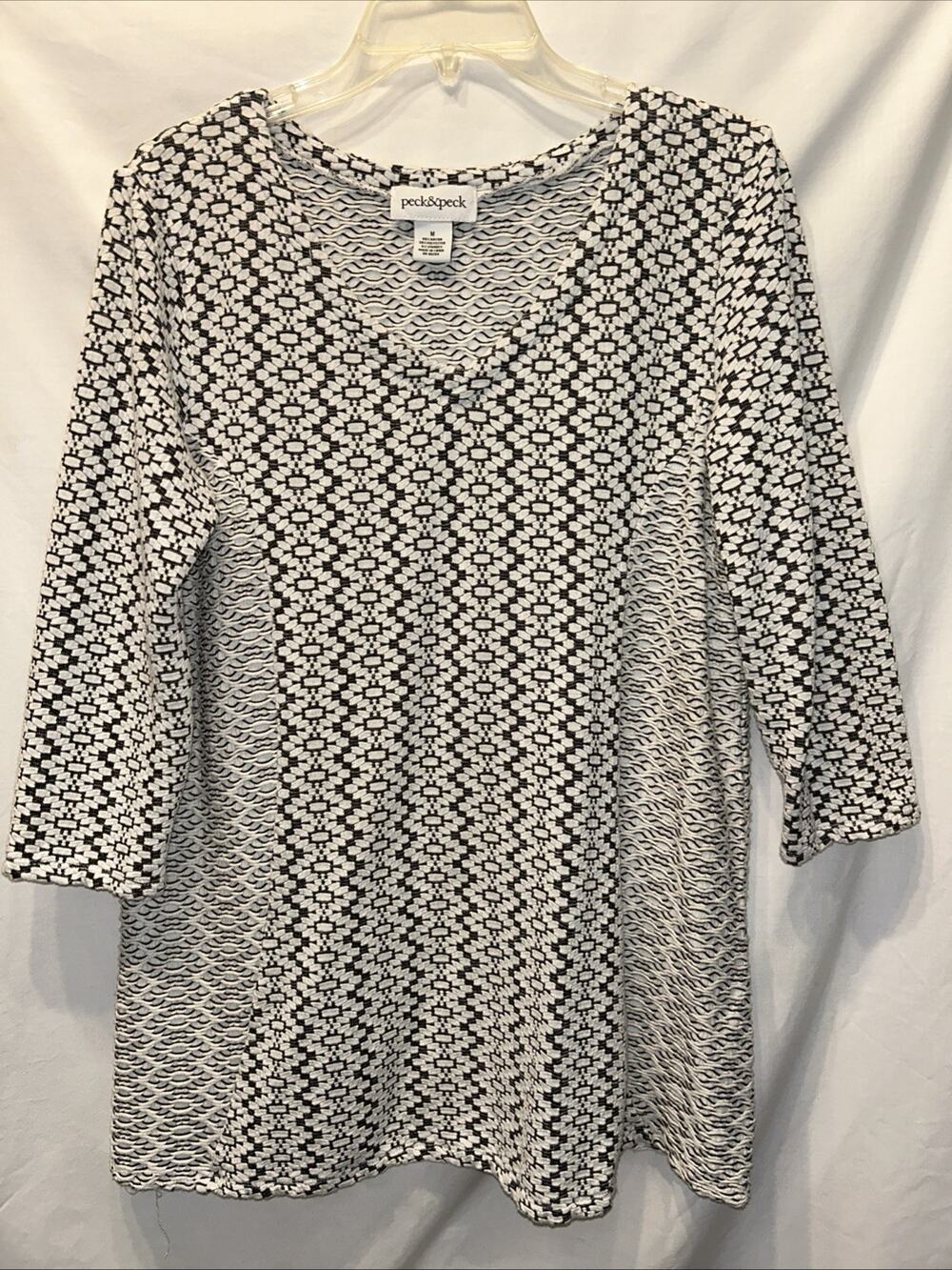 Peck & Peck Women's Medium Textured Knit Tunic 3/4 Sleeves Black & White